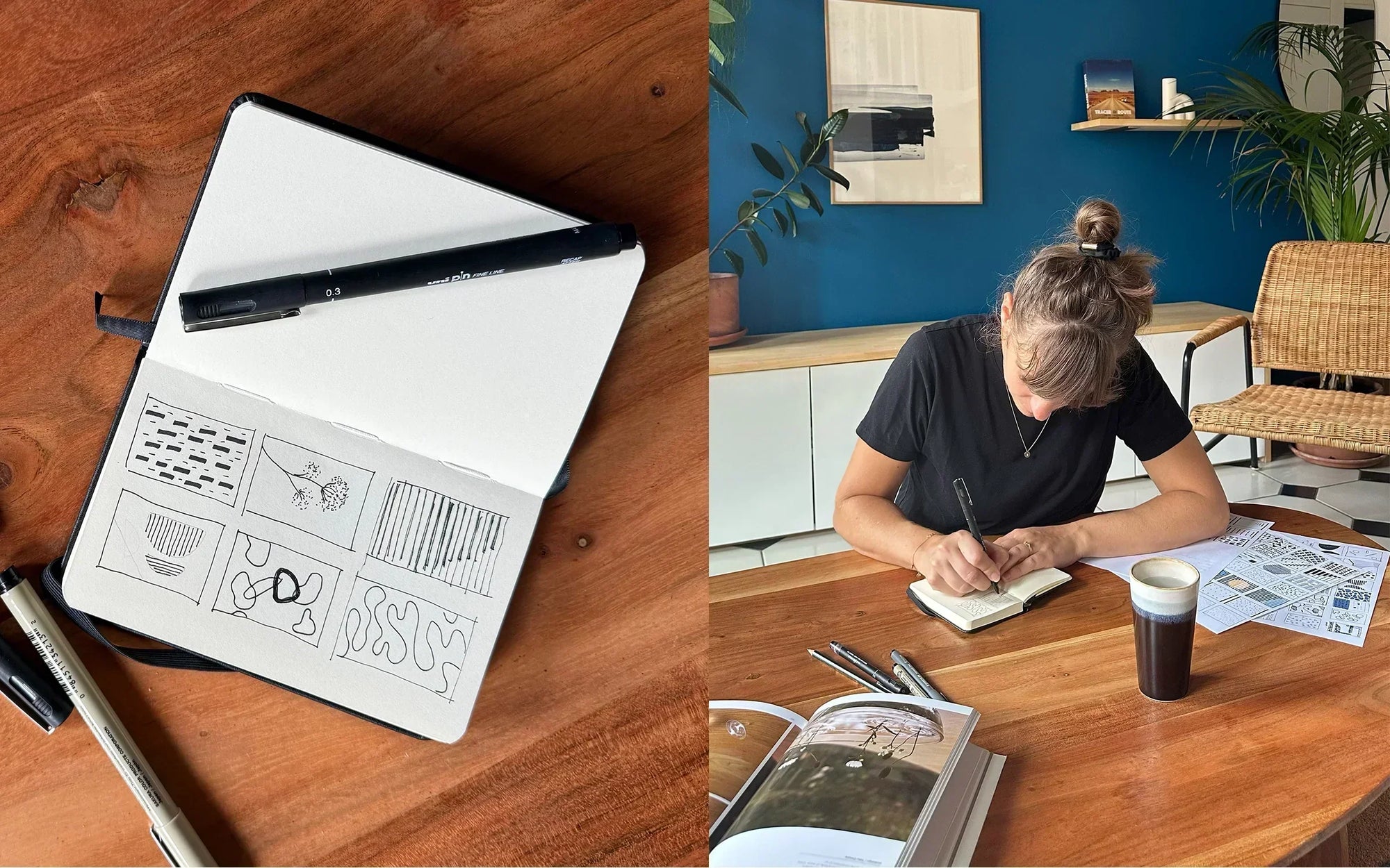 L’image est divisée en deux photos : l’une est un gros plan sur un carnet de croquis, l’autre un plan large montrant une femme en train de dessiner sur ce même carnet.